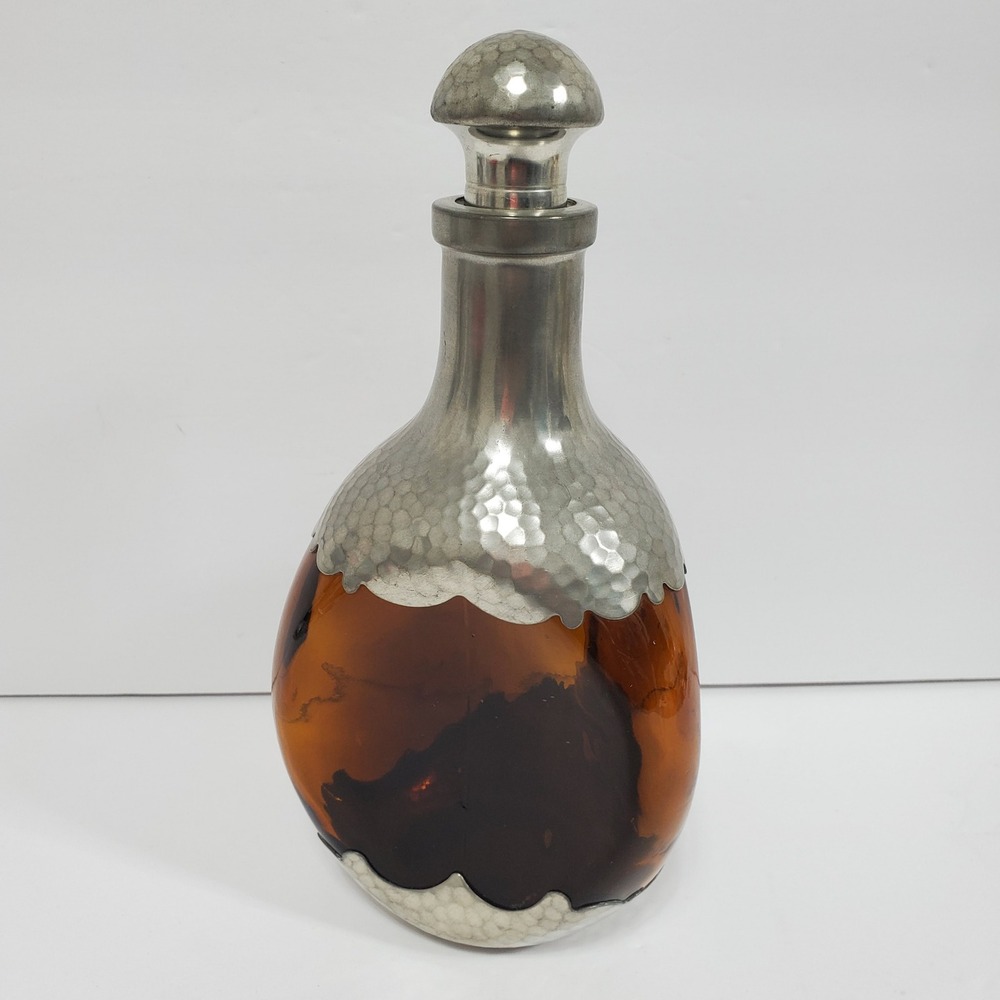 Royal Daalderop Decanter Amber Glass Hammered Pewter Holland Vintage 9.5"
